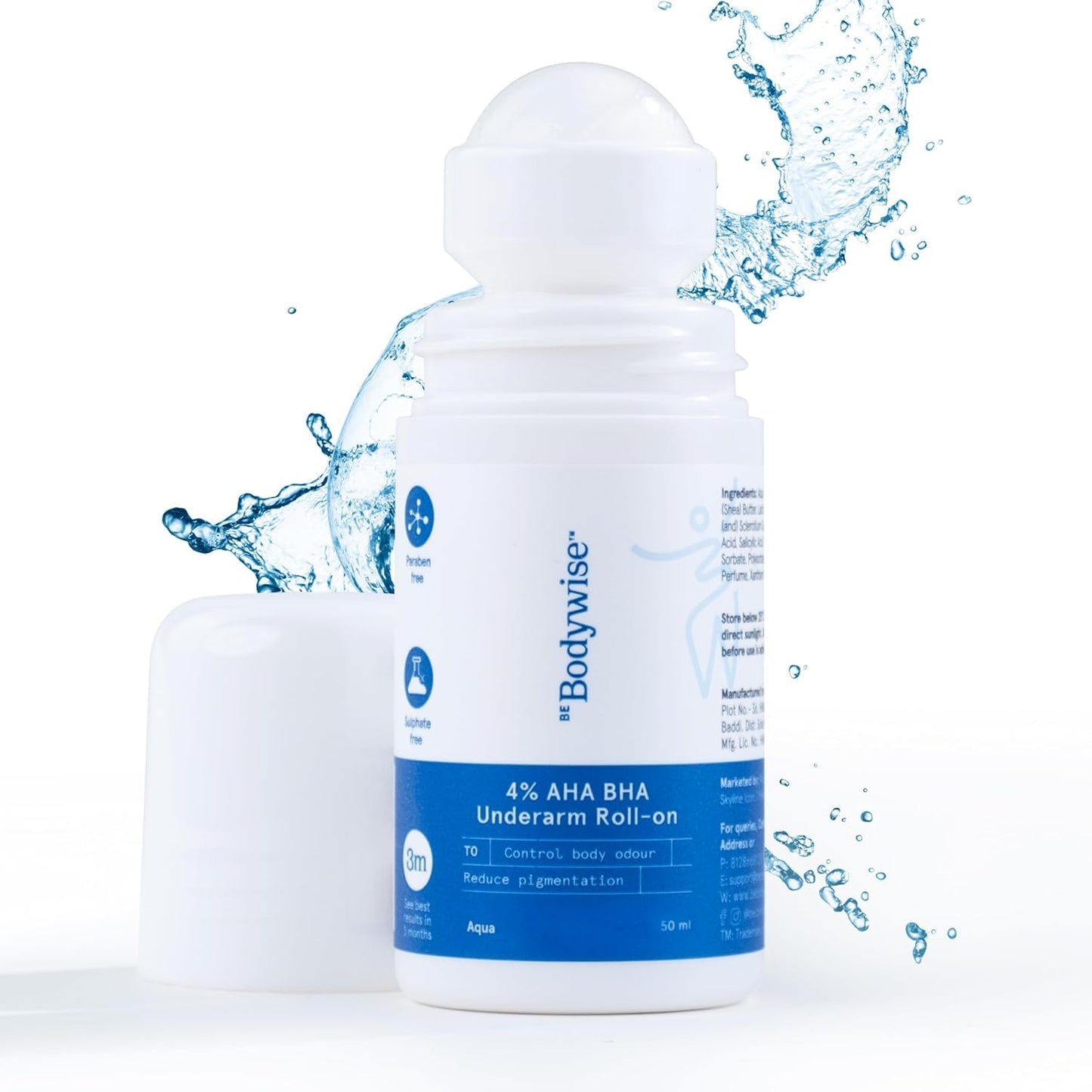 Be Bodywise 4% Aha Bha Underarm Roll On 50ml | 2% Lactic Acid, 1% Mandelic Acid, 1% Salicylic Acid | Controls Odour & Reduces Pigmentation | 0% Alcohol & 0% Aluminium | Flora Fragrance