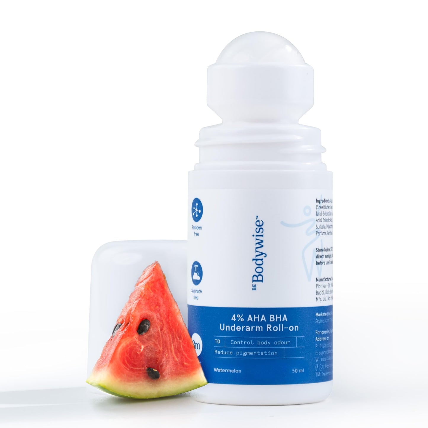 Be Bodywise 4% Aha Bha Underarm Roll On 50ml | 2% Lactic Acid, 1% Mandelic Acid, 1% Salicylic Acid | Controls Odour & Reduces Pigmentation | 0% Alcohol & 0% Aluminium | Flora Fragrance
