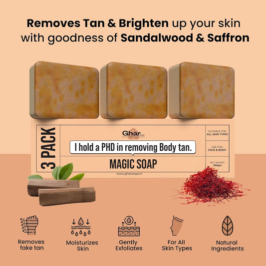 Ghar Soaps Sandalwood & Saffron Magic Soaps For Bath (300 Gms Pack Of 3) | Paraben Free | Chandan & Kesar Bath Soap | Handmade Soaps For Glowing | Skin Brightening Soap For Men & Women