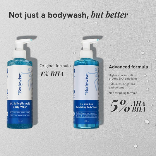 Be Bodywise 5% AHA BHA Exfoliating Body Wash 250ml | For Body Acne, Strawberry Skin, De-Tan | Infused with 3% Lactic Acid, 1% Salicylic Acid, 1% Glycolic Acid | Non-Drying, Paraben Free