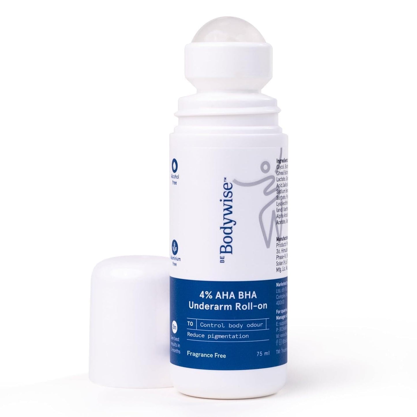 Be Bodywise 4% Aha Bha Underarm Roll On 50ml | 2% Lactic Acid, 1% Mandelic Acid, 1% Salicylic Acid | Controls Odour & Reduces Pigmentation | 0% Alcohol & 0% Aluminium | Flora Fragrance