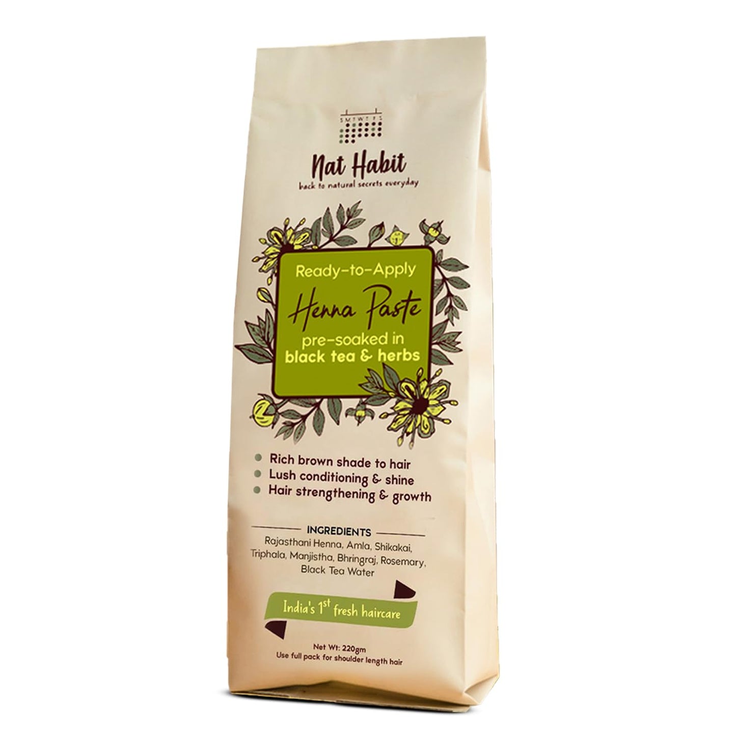 Nat Habit - Fresh Ready To Apply Henna Paste, Pre-Soaked in Black Tea and Herbs,100% Natural Rajasthani Henna, Imparts Rich Brown Shade (Pack of 2 x 220g)