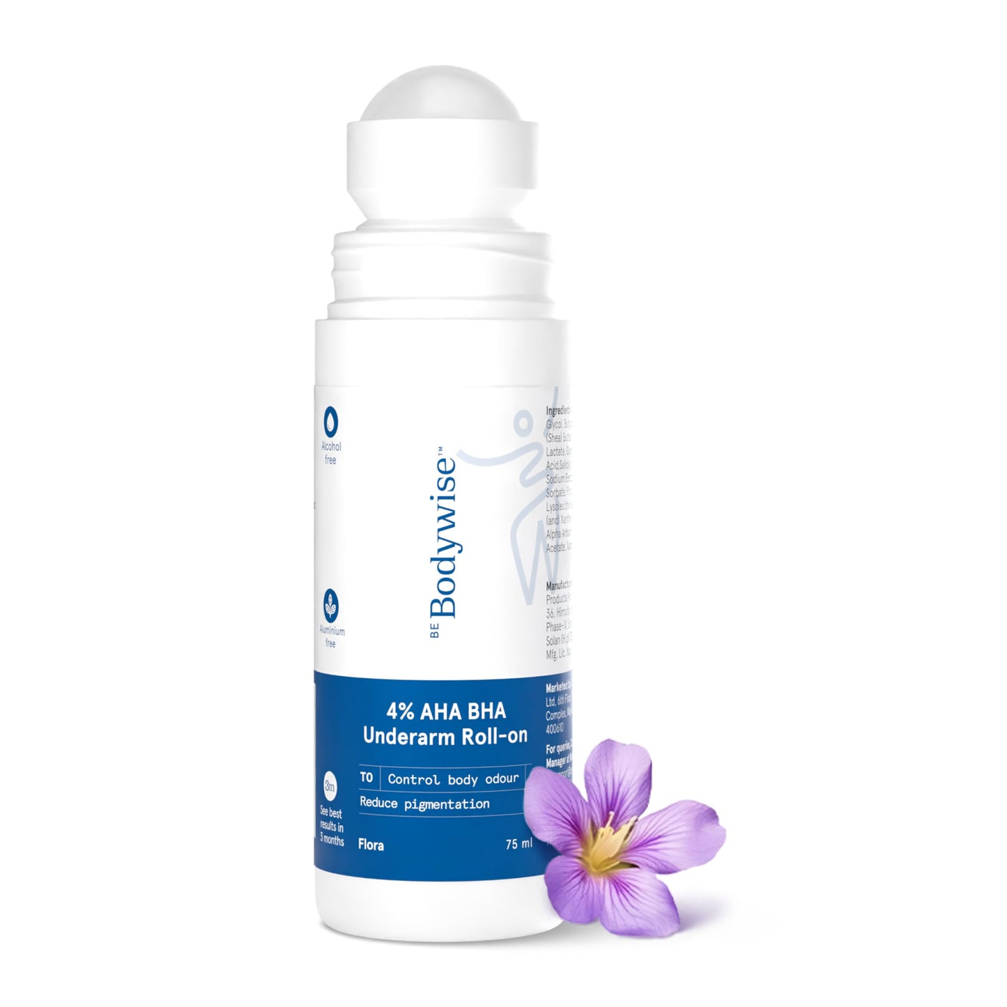 Be Bodywise 4% Aha Bha Underarm Roll On 50ml | 2% Lactic Acid, 1% Mandelic Acid, 1% Salicylic Acid | Controls Odour & Reduces Pigmentation | 0% Alcohol & 0% Aluminium | Flora Fragrance