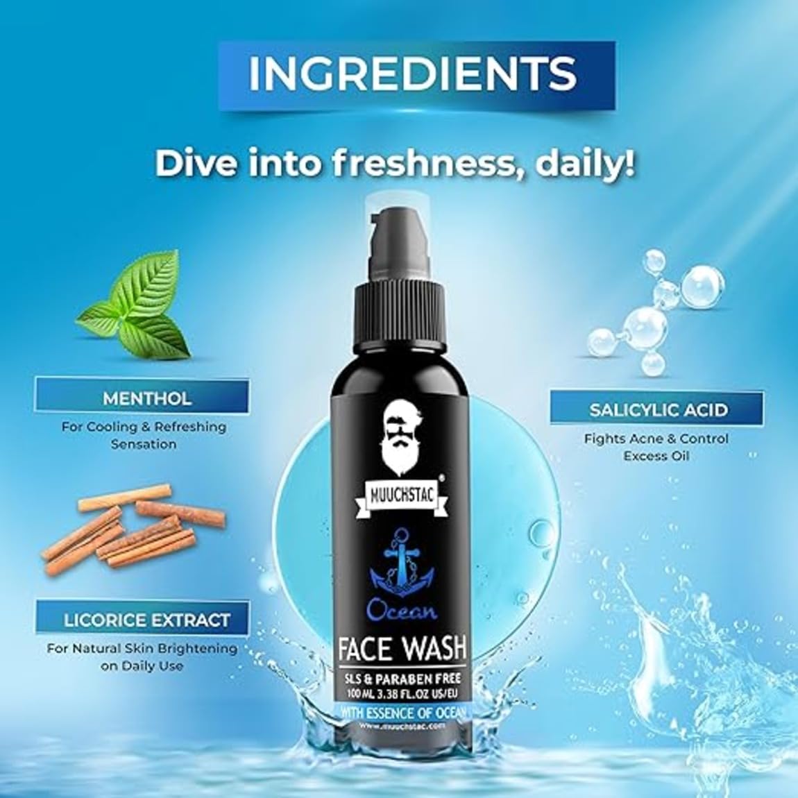 Muuchstac Ocean Face Wash for Men | Fight Acne & Pimples, Brighten Skin, Clears Dirt, Oil Control, Refreshing Feel - Multi-Action Formula (2x100 ml)