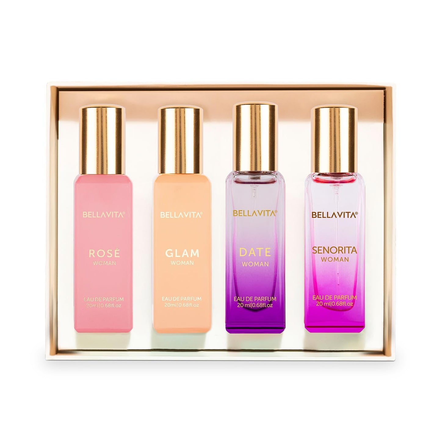 Bella Vita Luxury Long Lasting Women Gift Set | Perfume for Woman | 4x20ml | Gifts for Women | Floral, Fruity, Premium Fragrance Scent | Date, Senorita, Glam, Rose