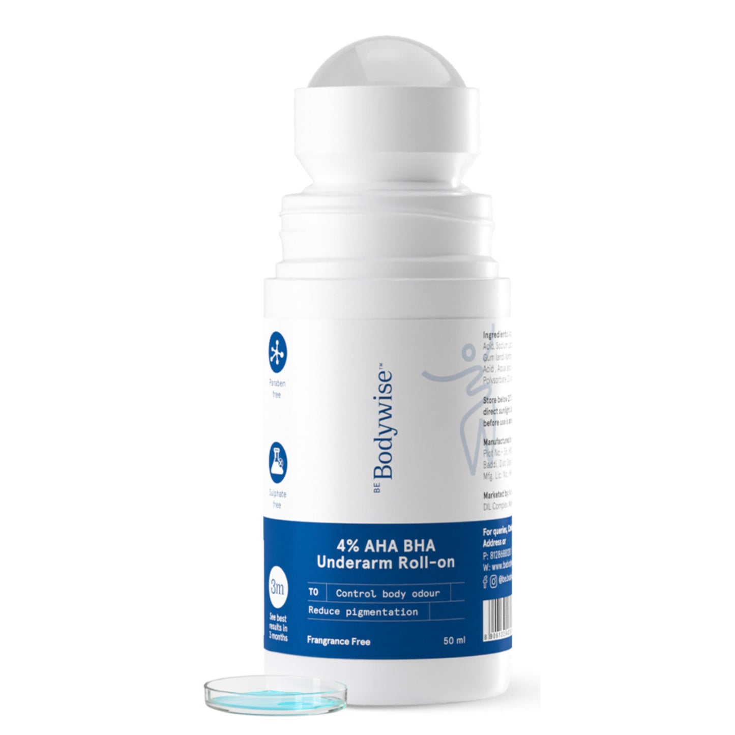 Be Bodywise 4% Aha Bha Underarm Roll On 50ml | 2% Lactic Acid, 1% Mandelic Acid, 1% Salicylic Acid | Controls Odour & Reduces Pigmentation | 0% Alcohol & 0% Aluminium | Flora Fragrance