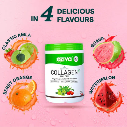 OZiva Vegan Collagen (Watermelon) with Biotin & Vitamin C For Brighter & Youthful Skin | Collagen Supplement For Women & Men | Plant Based Collagen Powder | Certified Vegan 125g + Shaker