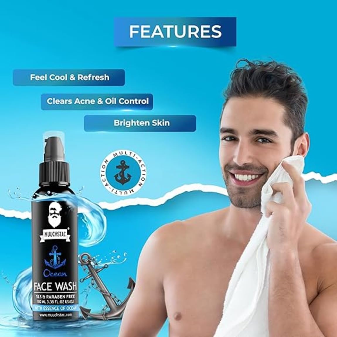 Muuchstac Ocean Face Wash for Men | Fight Acne & Pimples, Brighten Skin, Clears Dirt, Oil Control, Refreshing Feel - Multi-Action Formula (2x100 ml)