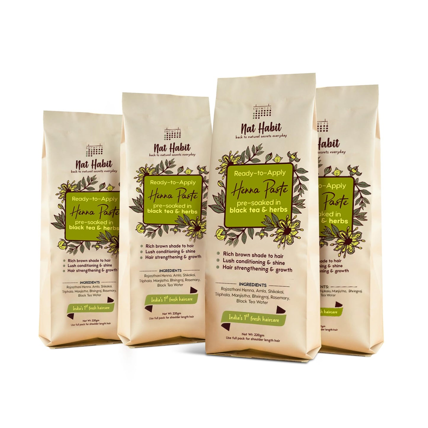 Nat Habit - Fresh Ready To Apply Henna Paste, Pre-Soaked in Black Tea and Herbs,100% Natural Rajasthani Henna, Imparts Rich Brown Shade (Pack of 2 x 220g)