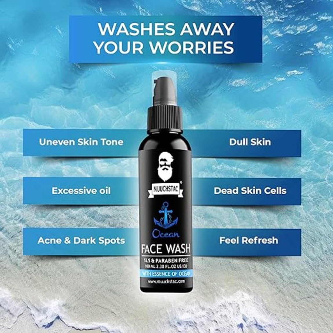 Muuchstac Ocean Face Wash for Men | Fight Acne & Pimples, Brighten Skin, Clears Dirt, Oil Control, Refreshing Feel - Multi-Action Formula (2x100 ml)