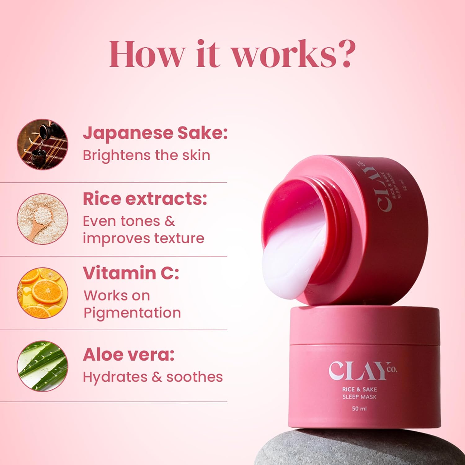 Clayco. Rice & Sake Sleep Mask 50 Ml | Face Mask For Glowing Skin | Night Cream For Glass skin | Japanese Skincare Routine | Sulphate Free & Vegan