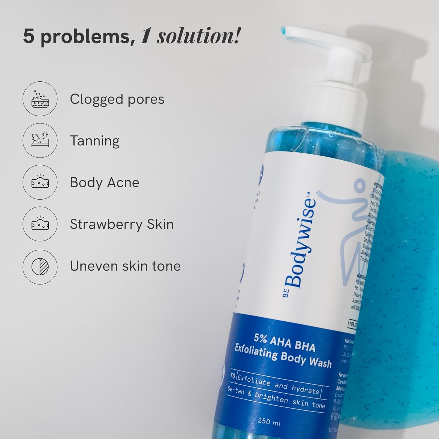 Be Bodywise 5% AHA BHA Exfoliating Body Wash 250ml | For Body Acne, Strawberry Skin, De-Tan | Infused with 3% Lactic Acid, 1% Salicylic Acid, 1% Glycolic Acid | Non-Drying, Paraben Free