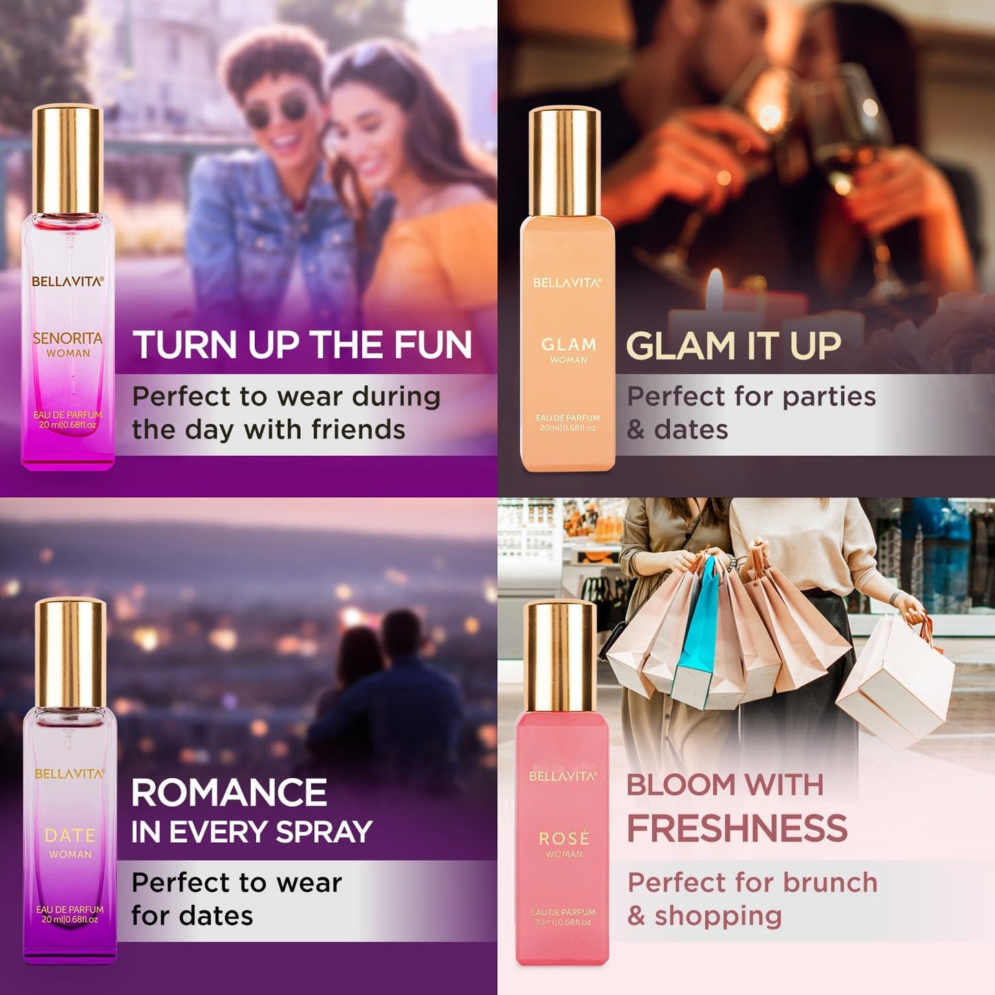 Bella Vita Luxury Long Lasting Women Gift Set | Perfume for Woman | 4x20ml | Gifts for Women | Floral, Fruity, Premium Fragrance Scent | Date, Senorita, Glam, Rose