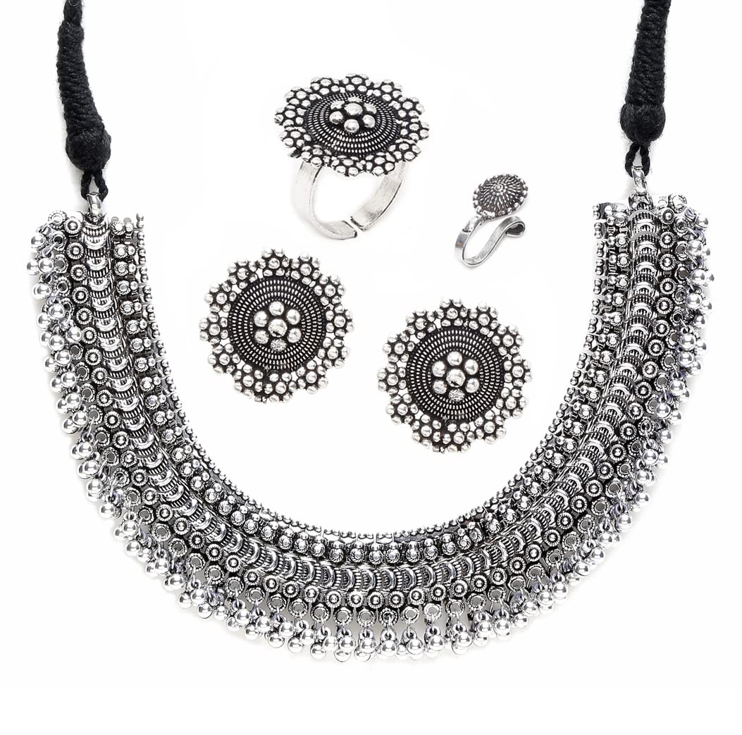 YouBella Jewellery Set for Women Oxidised Silver Tradtional Necklace Jewellery Set with Earrings , Rings and Nose Clip for Girls and Women (YBNK_50346)