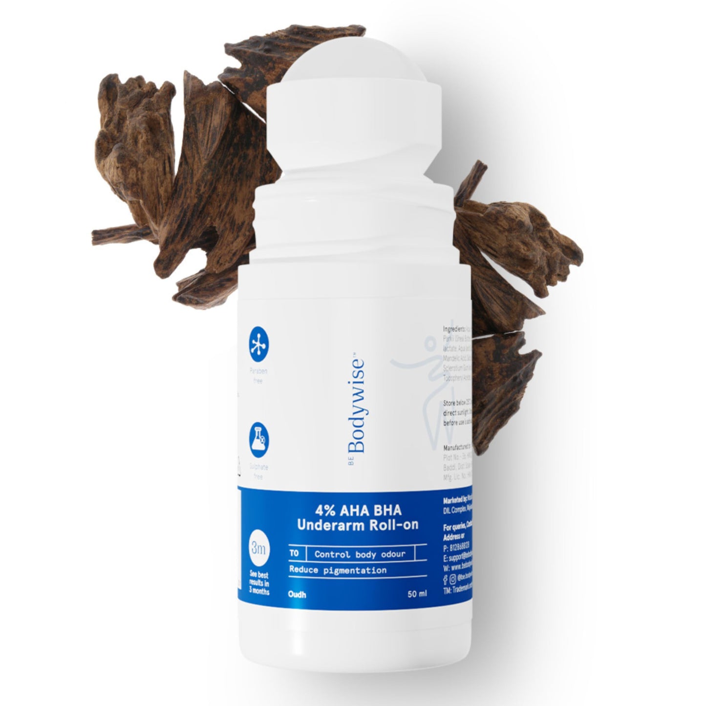 Be Bodywise 4% Aha Bha Underarm Roll On 50ml | 2% Lactic Acid, 1% Mandelic Acid, 1% Salicylic Acid | Controls Odour & Reduces Pigmentation | 0% Alcohol & 0% Aluminium | Flora Fragrance