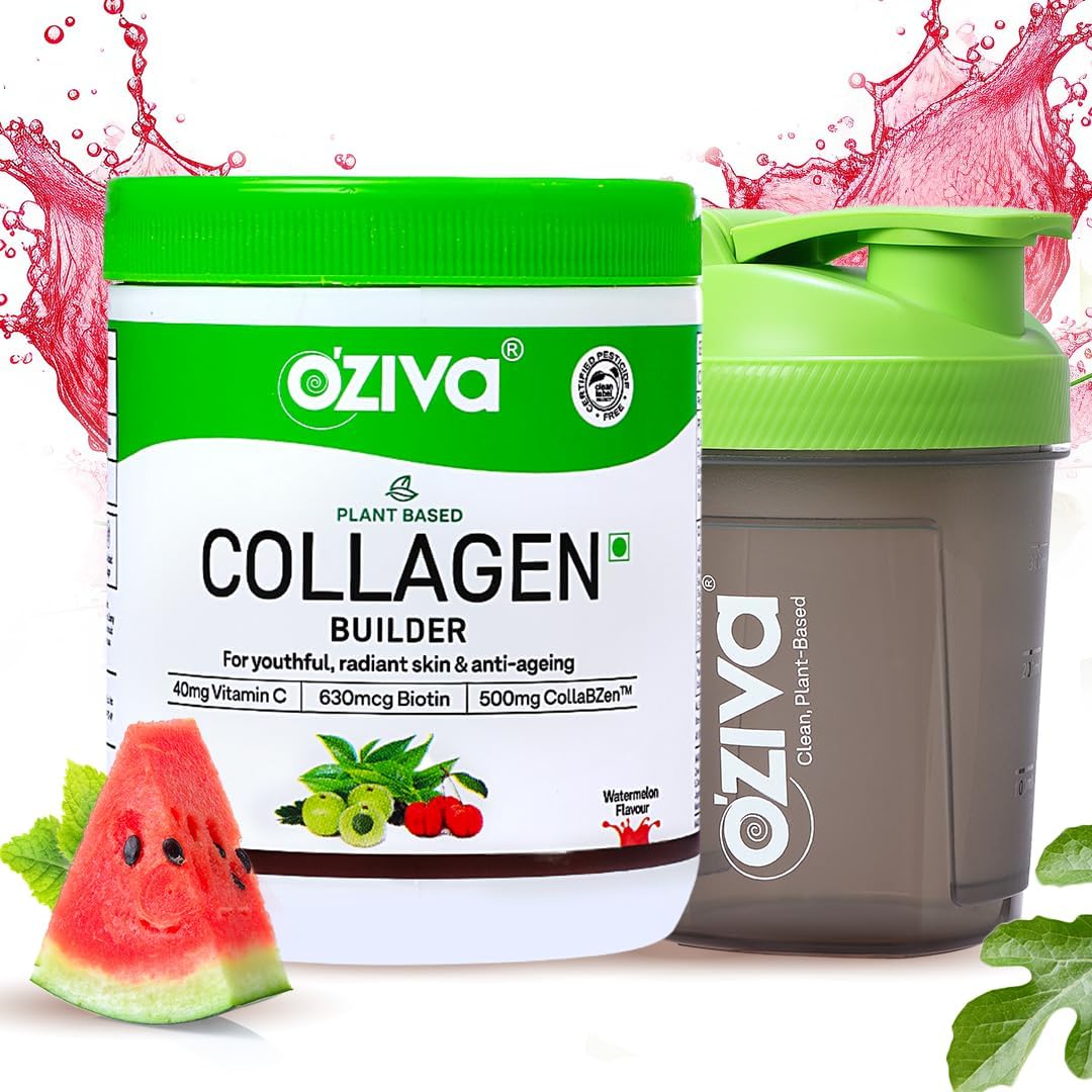 OZiva Vegan Collagen (Watermelon) with Biotin & Vitamin C For Brighter & Youthful Skin | Collagen Supplement For Women & Men | Plant Based Collagen Powder | Certified Vegan 125g + Shaker