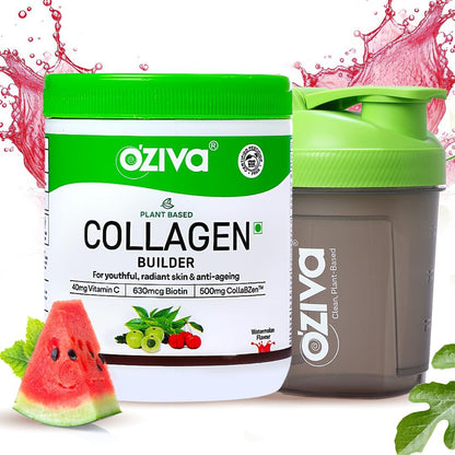 OZiva Vegan Collagen (Watermelon) with Biotin & Vitamin C For Brighter & Youthful Skin | Collagen Supplement For Women & Men | Plant Based Collagen Powder | Certified Vegan 125g + Shaker