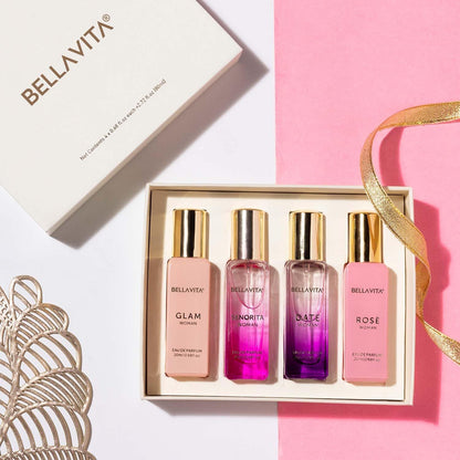 Bella Vita Luxury Long Lasting Women Gift Set | Perfume for Woman | 4x20ml | Gifts for Women | Floral, Fruity, Premium Fragrance Scent | Date, Senorita, Glam, Rose