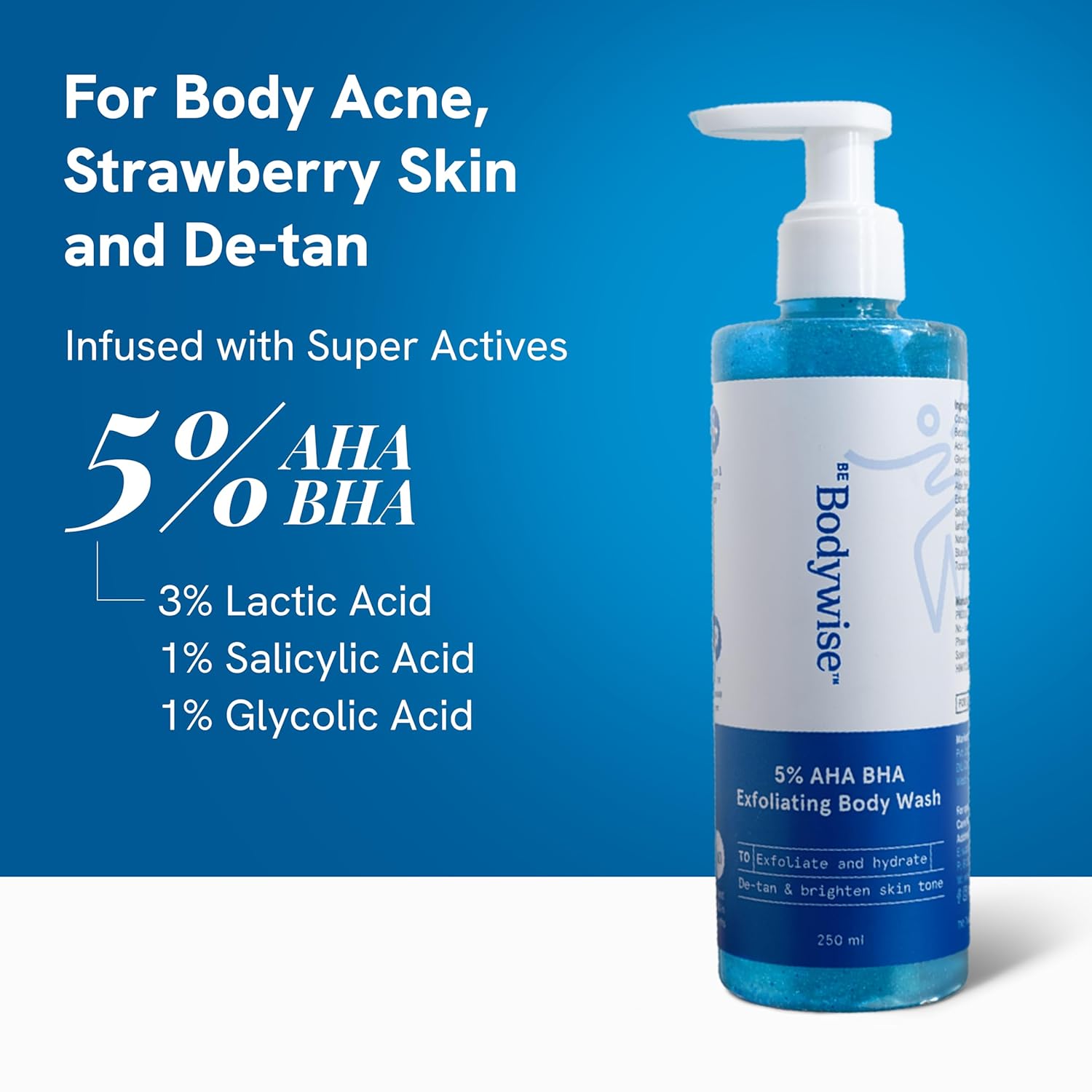 Be Bodywise 5% AHA BHA Exfoliating Body Wash 250ml | For Body Acne, Strawberry Skin, De-Tan | Infused with 3% Lactic Acid, 1% Salicylic Acid, 1% Glycolic Acid | Non-Drying, Paraben Free