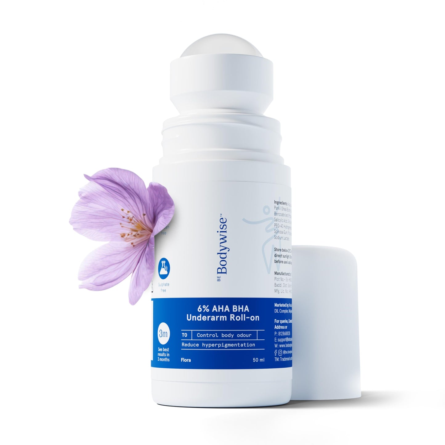 Be Bodywise 4% Aha Bha Underarm Roll On 50ml | 2% Lactic Acid, 1% Mandelic Acid, 1% Salicylic Acid | Controls Odour & Reduces Pigmentation | 0% Alcohol & 0% Aluminium | Flora Fragrance