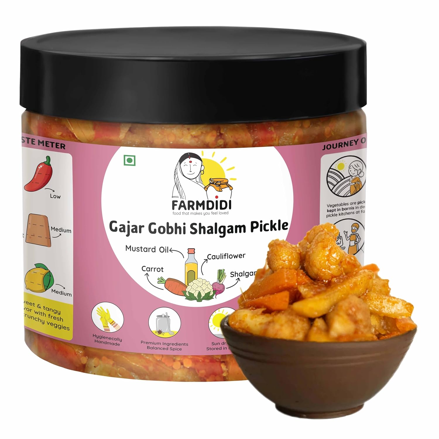 FarmDidi Gobhi Gajar Shalgam Pickle 325g In Fresh| Traditional Meetha Mixed Achar with Carrot, Cauliflower & Turnip | Low-Oil Sweet Pickle | Organically Processed | No Chemical Preservatives
