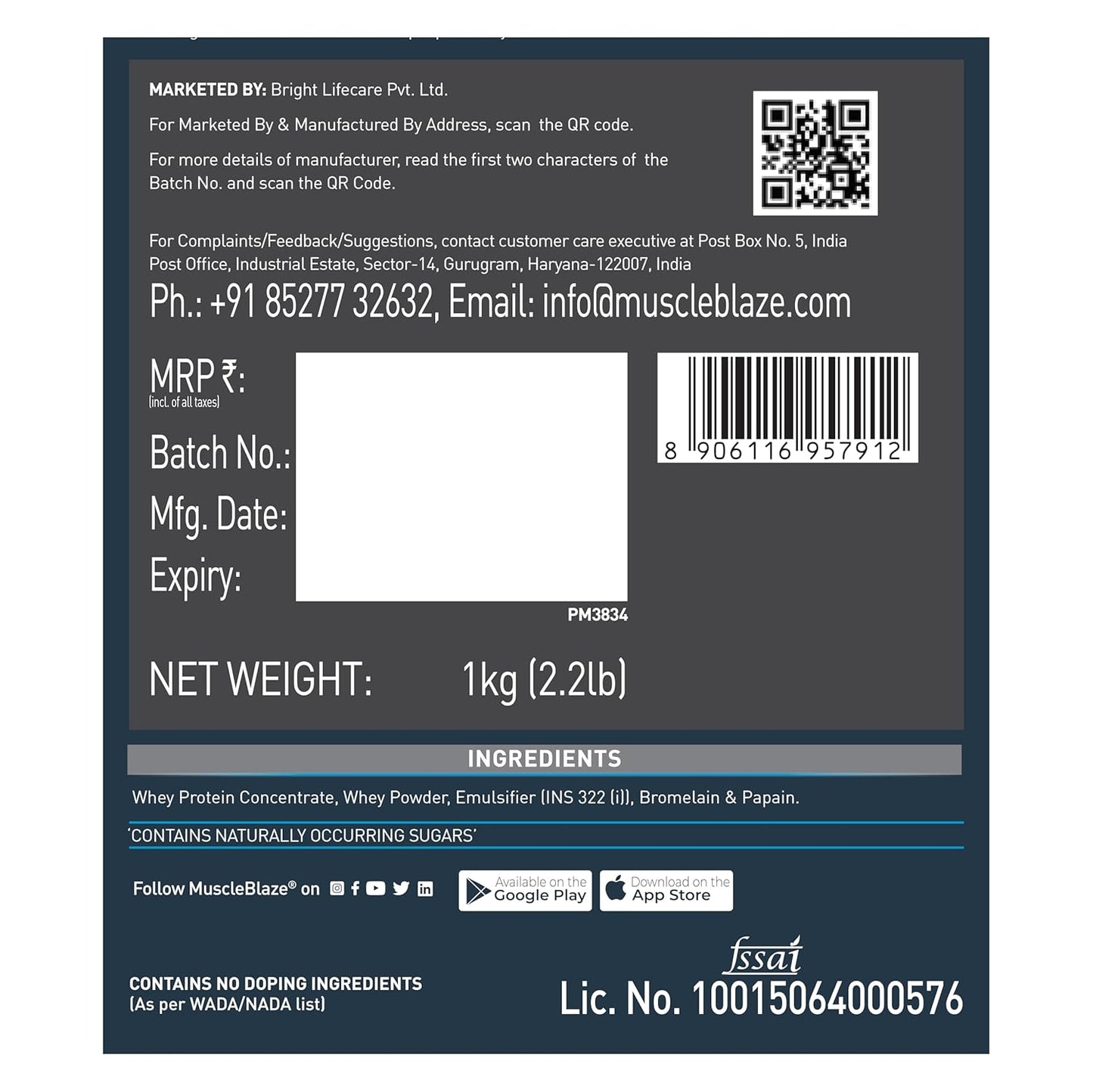 MuscleBlaze Raw Whey Protein Concentrate (Unflavoured, 1kg) | Light & Clean Protein | Easy to Digest