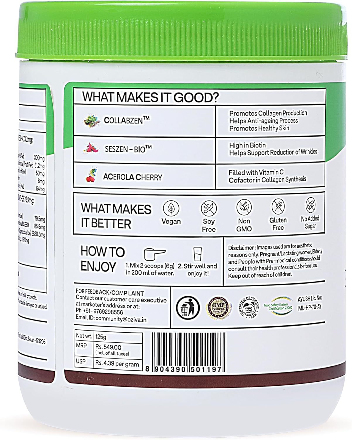 OZiva Vegan Collagen (Watermelon) with Biotin & Vitamin C For Brighter & Youthful Skin | Collagen Supplement For Women & Men | Plant Based Collagen Powder | Certified Vegan 125g + Shaker